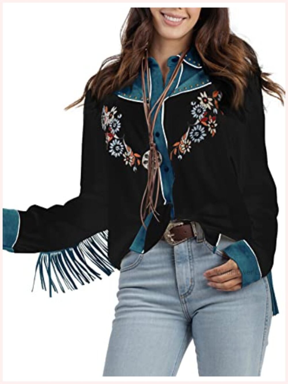 Women Western Embroidered Snap Shirt Fringe Cowgirl Top